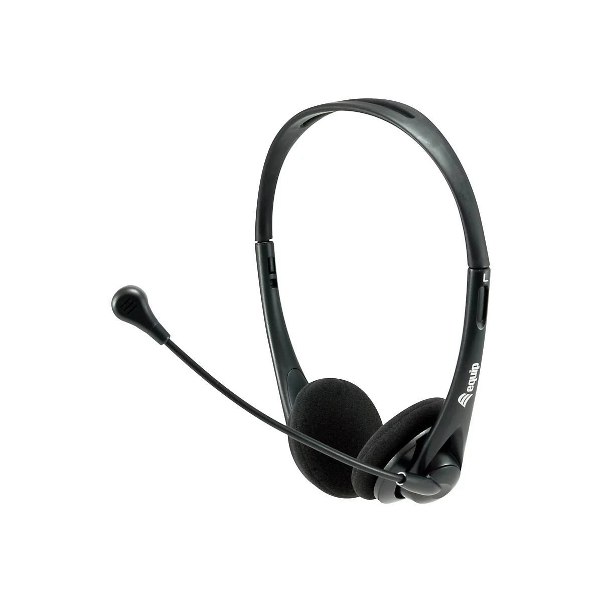 Schwarzes On-Ear-Headset von equip mit Mikrofonbügel auf weißem Hintergrund.