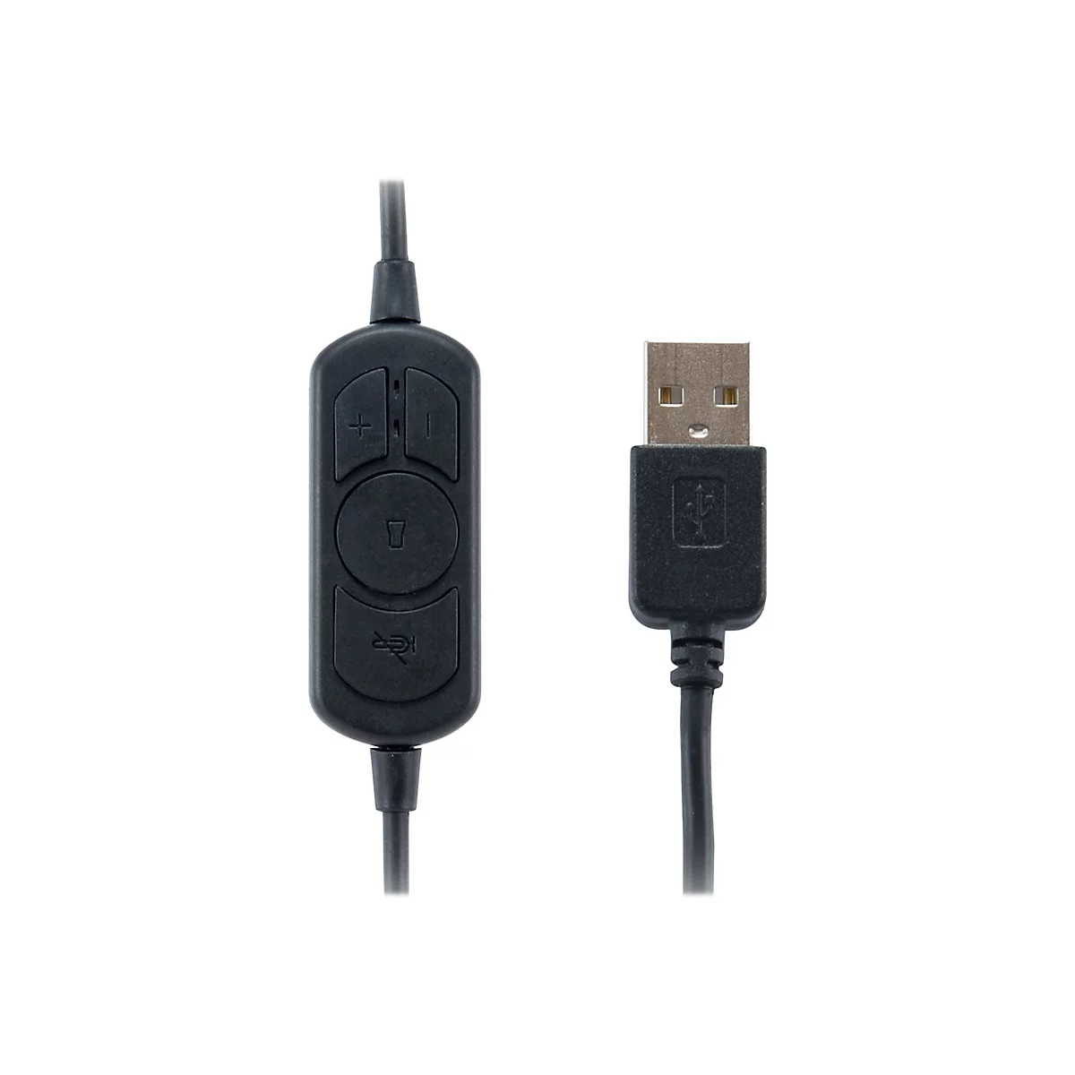Schwarzes USB-Kabel mit Lautstärkereglern, Mikrofonstummschaltung und USB-Anschluss, isoliert auf weißem Hintergrund.