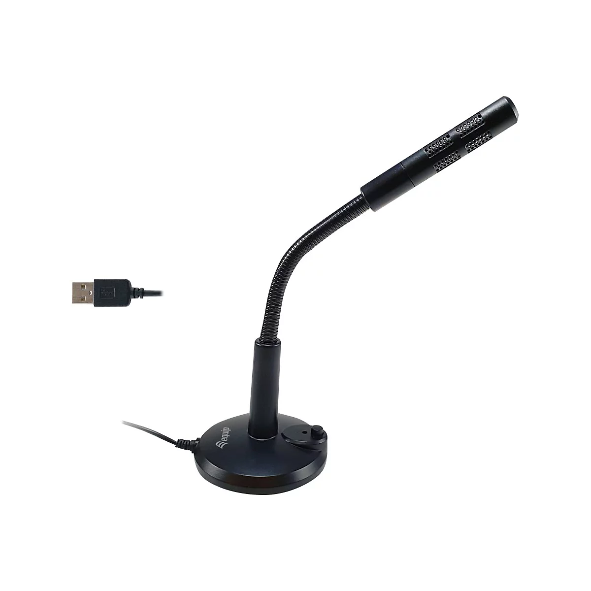 Schwarzes USB-Tischmikrofon mit flexiblem Schwanenhals und rundem Standfuß vor weißem Hintergrund.