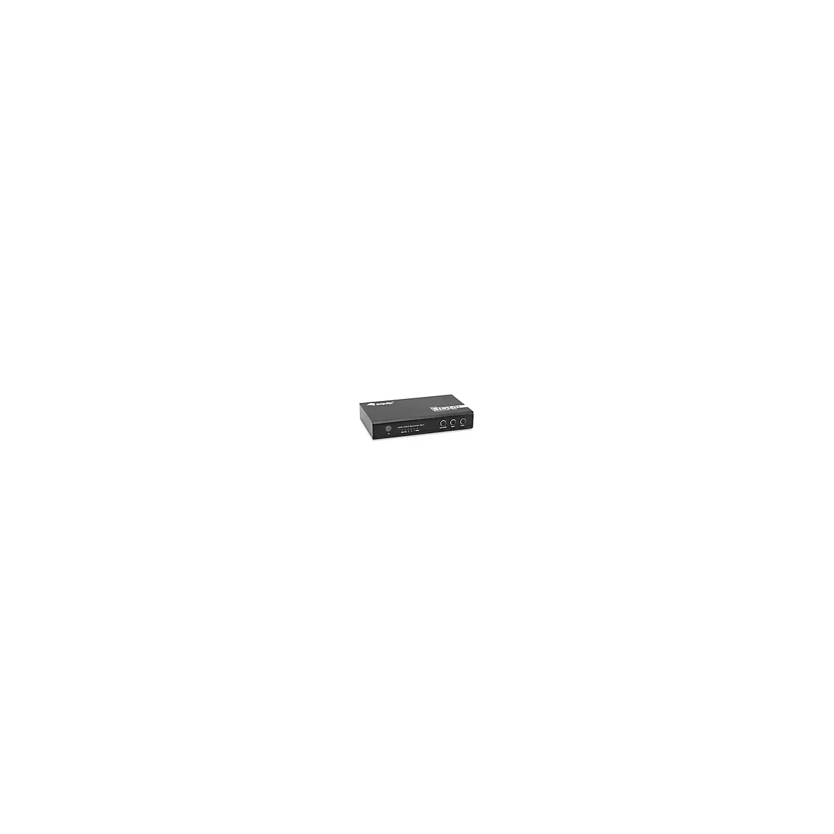 Schwarzer HDMI-Repeater mit drei Knöpfen, Schriftzug und Logo, vor hellem Hintergrund.