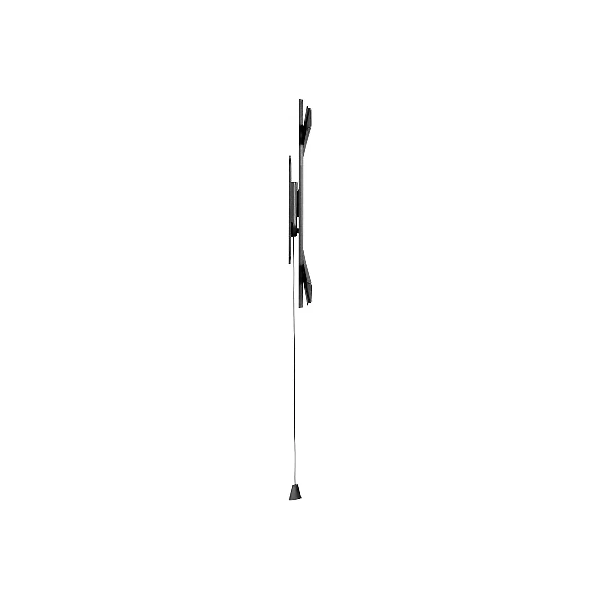Schwarze TV-Wandhalterung, seitlich gesehen, mit Kabel und Zubehör vor weißem Hintergrund.