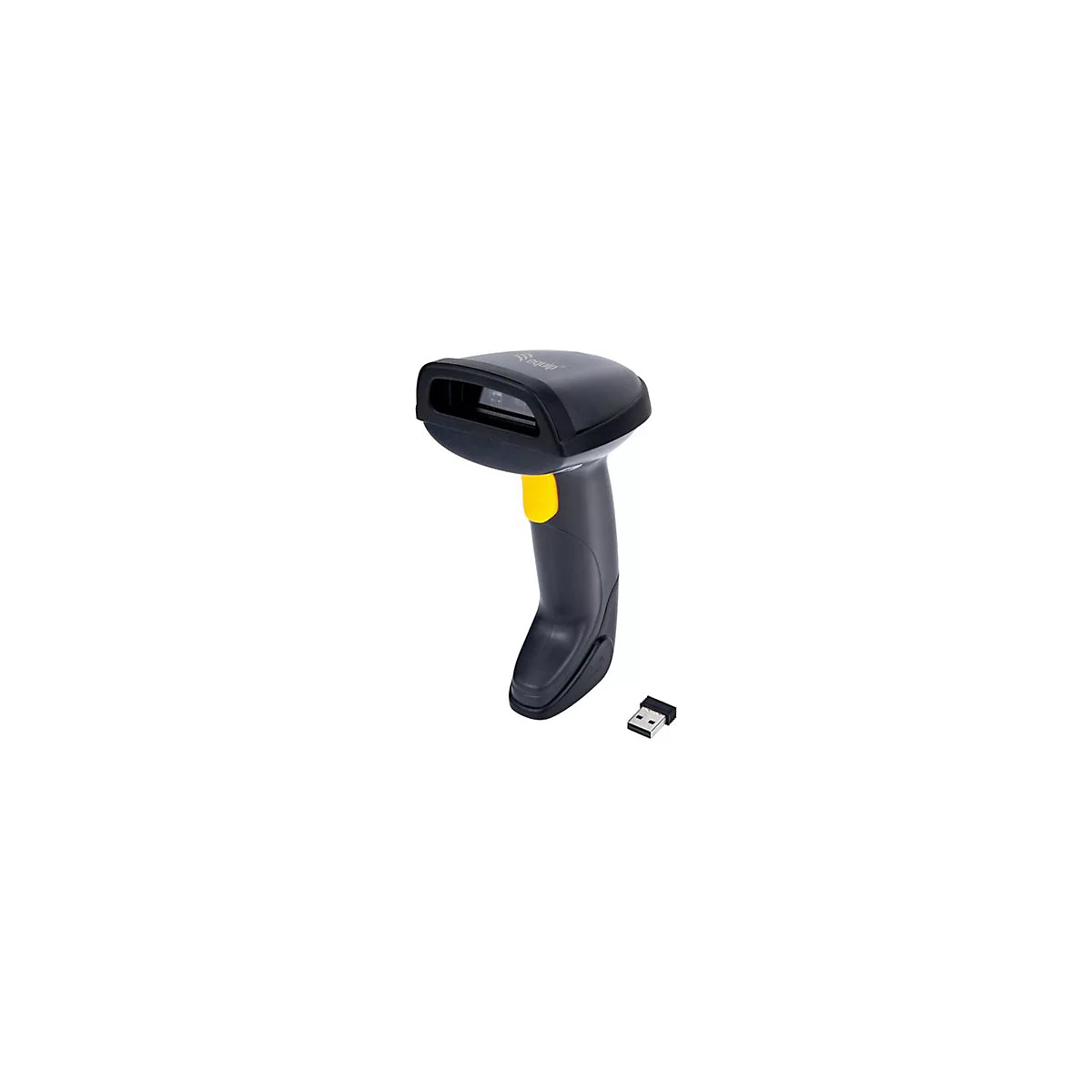 Schwarz-gelber Barcode-Scanner mit USB-Dongle. Der Scanner hat einen Griff und einen Kopf mit Fenster.