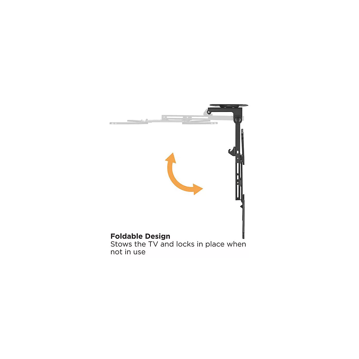 Schwarze, zusammenklappbare TV-Halterung, Pfeil zeigt Bewegung. Text: Foldable Design. Verstaut den Fernseher und arretiert ihn bei Nichtgebrauch.