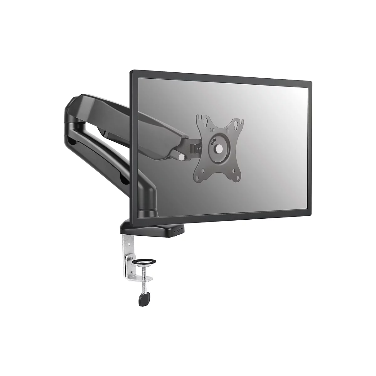 Monitorhalterung mit Bildschirm, an einer Tischkante befestigt. Schwarzer Monitor, Halterung und silberne Klemme.