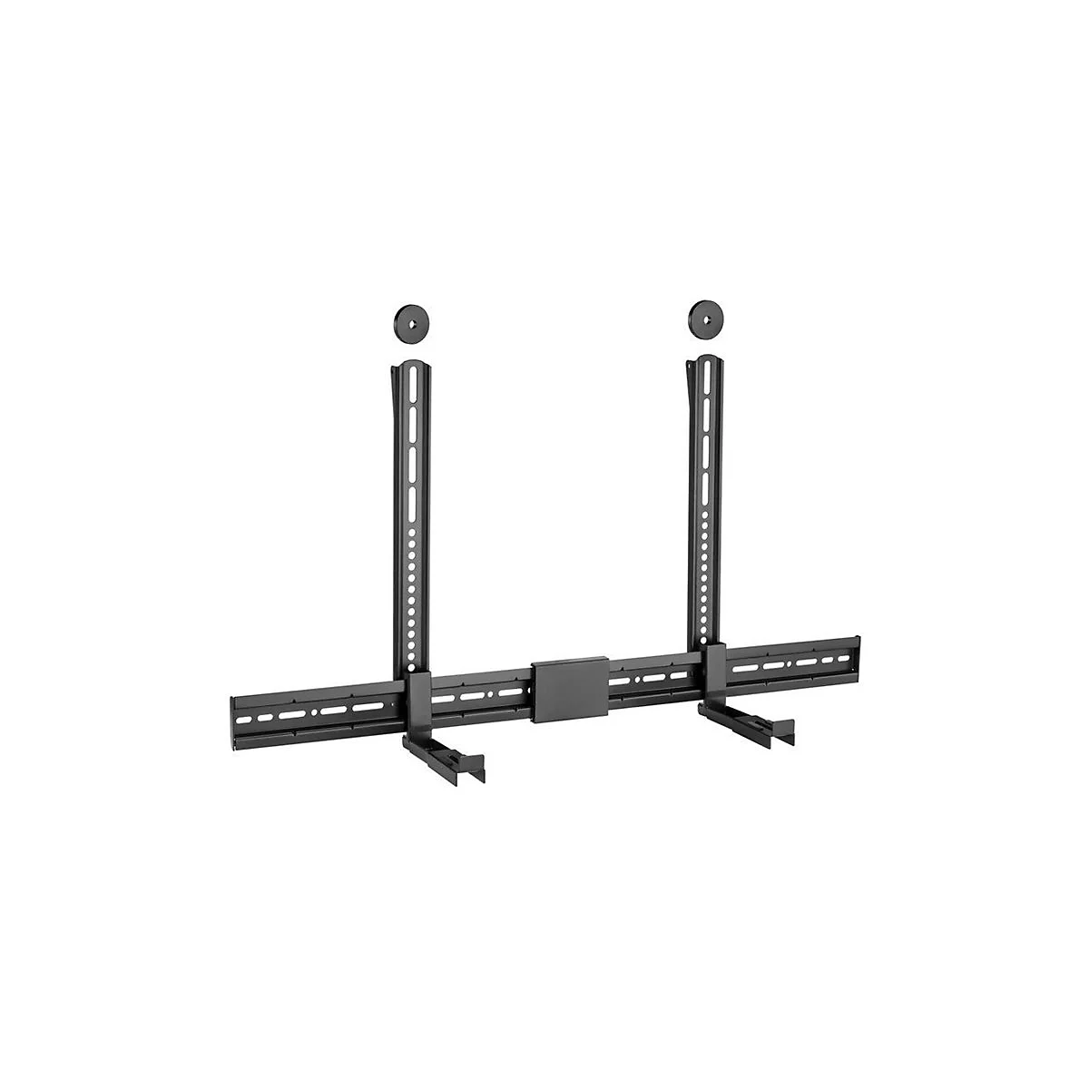Schwarze TV-Wandhalterung aus Metall vor weißem Hintergrund.