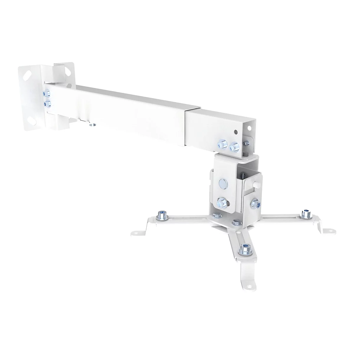 Halterung für einen Deckenprojektor. Eine weiße Konstruktion mit Schrauben auf weißem Hintergrund.