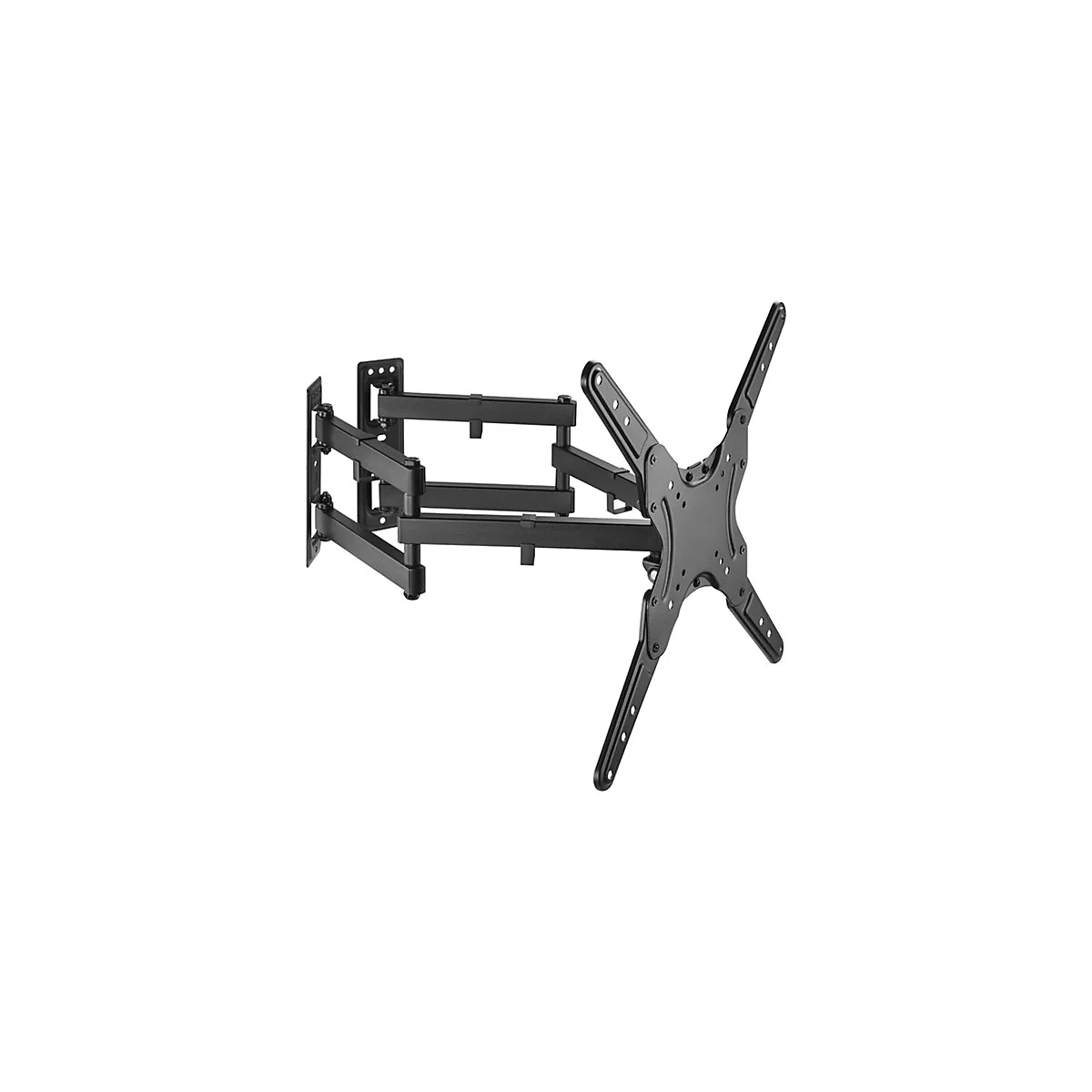 Schwarze TV-Wandhalterung, aus Metall, mit mehreren Gelenken. V-förmige Halterung für Bildschirm.