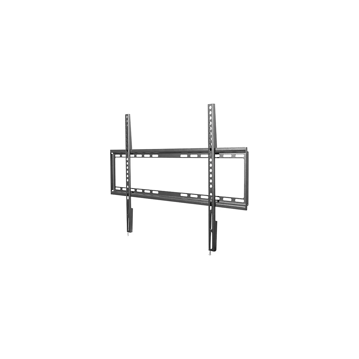 Ein TV-Wandhalter, der aus dunkelgrauem Metall besteht. Zwei vertikale Stangen sind mit Löchern versehen, und eine horizontale Stange hat Aussparungen.