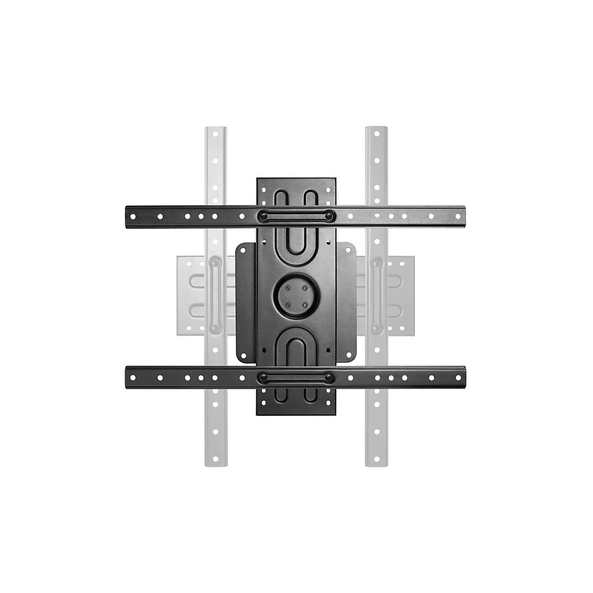 Schwarze TV-Wandhalterung, mit horizontalen und vertikalen Montagepunkten, vor weißem Hintergrund.