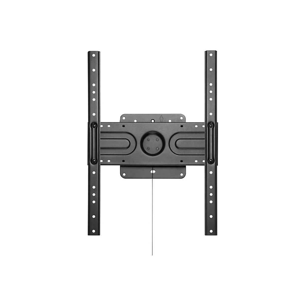Schwarze TV-Wandhalterung, Frontansicht. Bestehend aus zwei vertikalen Schienen mit Löchern und einem zentralen Teil mit Halterung.