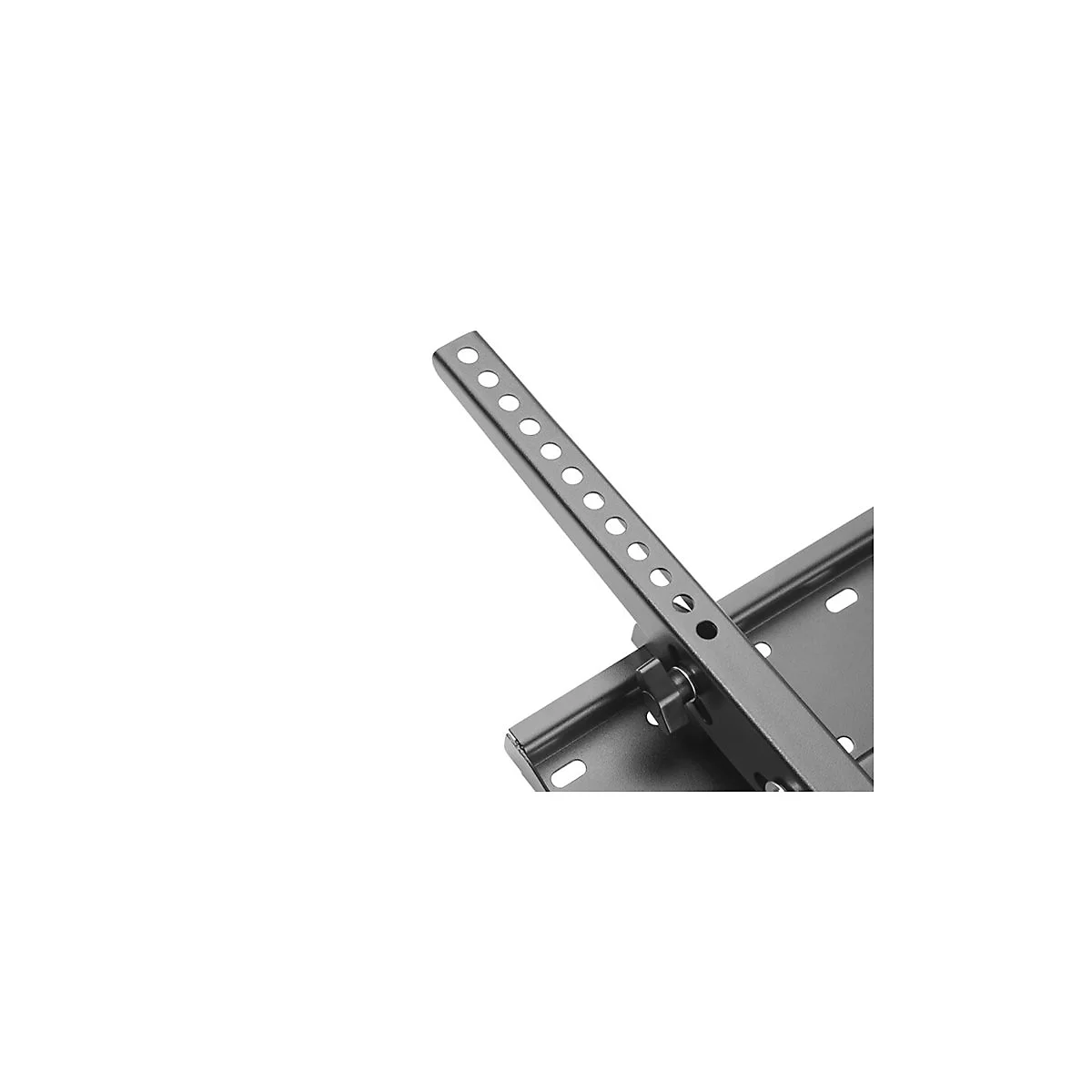 Detailaufnahme einer Halterung für einen Fernseher. Ein graues Metallstück mit Löchern und einem Stellrad.