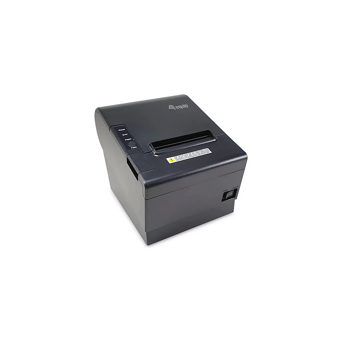 Schwarzer Thermodrucker, schräg von oben. Oben links: Logo. Oben: Papierausgabe. Rechts: Ein-Aus-Schalter. Vorne: Status-LEDs.