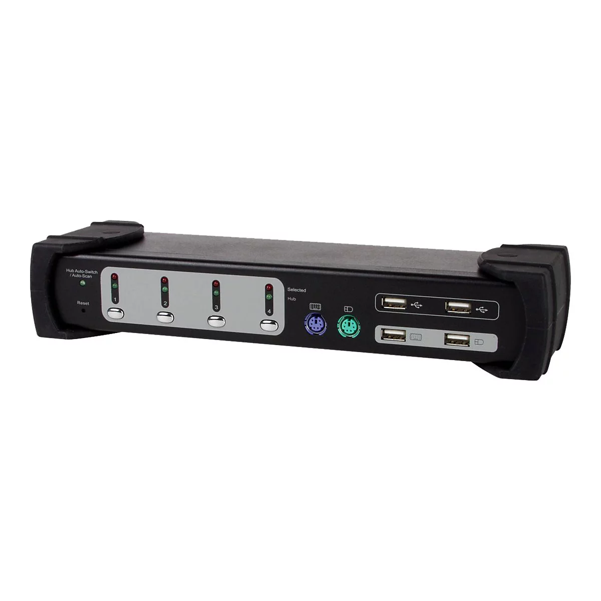 Ein schwarzer KVM-Switch mit vier USB-AnschlÃ¼ssen und vier Kontrollleuchten.