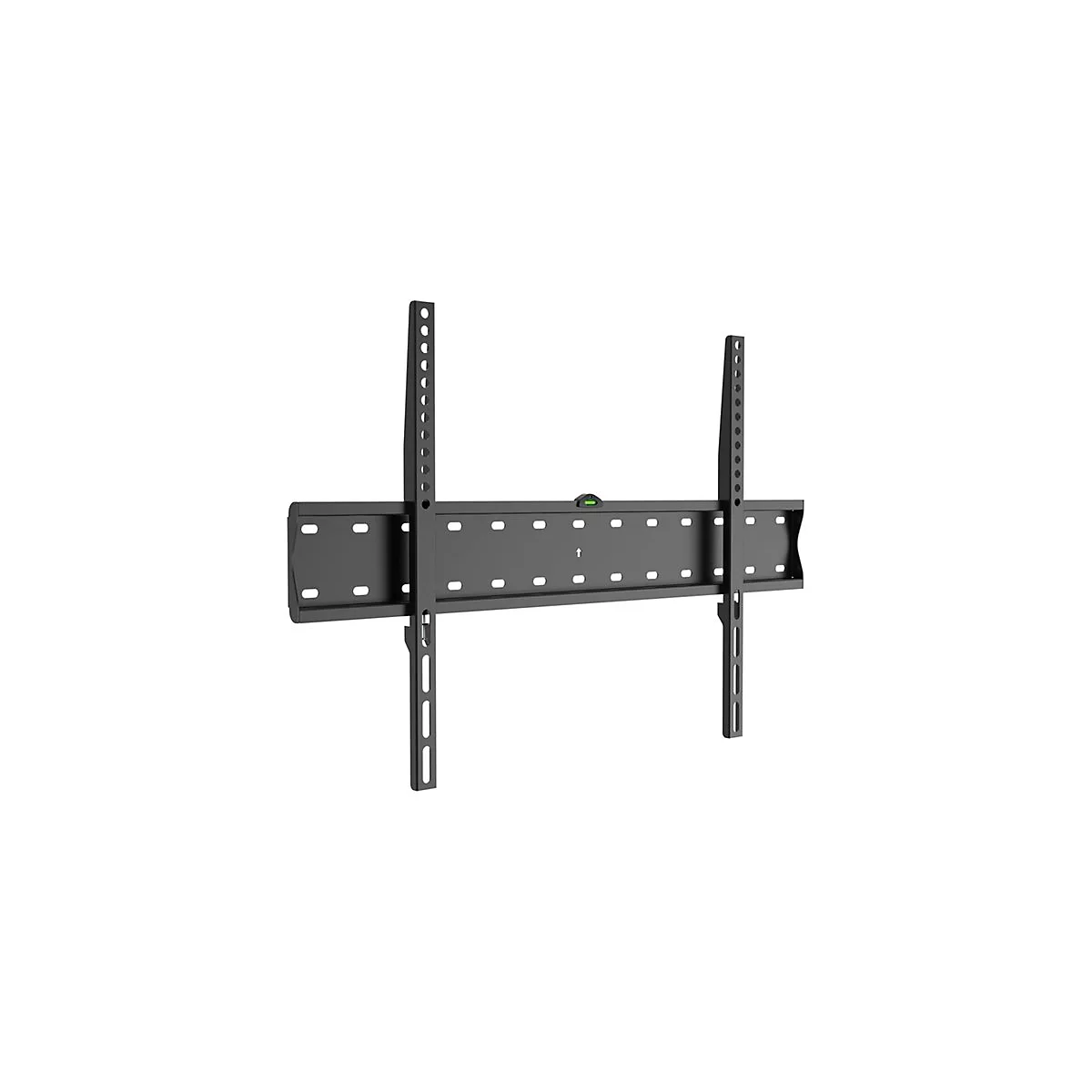 Schwarze TV-Wandhalterung, mit Wasserwaage, Löchern und Halterungen. Ideal für die Wandmontage.