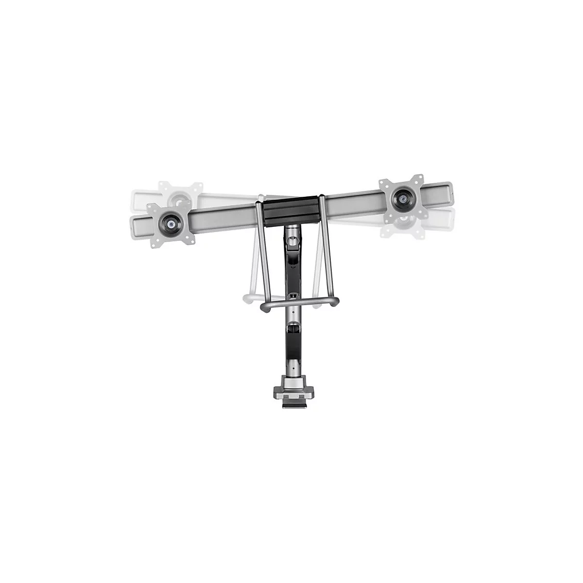 Monitorhalterung für zwei Monitore, silberfarben und schwarz, vor weißem Hintergrund.