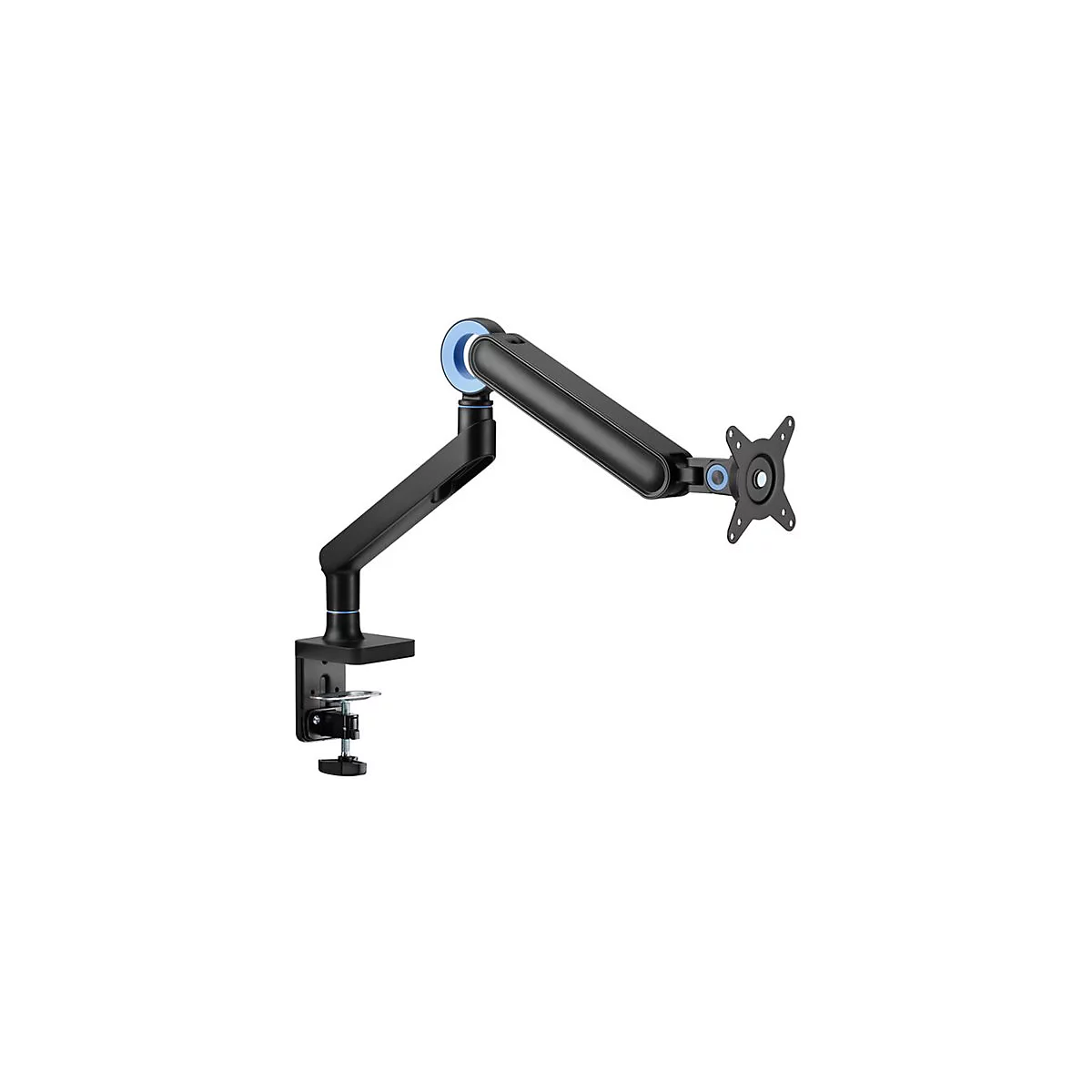 Schwarzer Monitorarm, mit blau Akzenten, an Schreibtisch befestigt. Auf weißem Hintergrund.