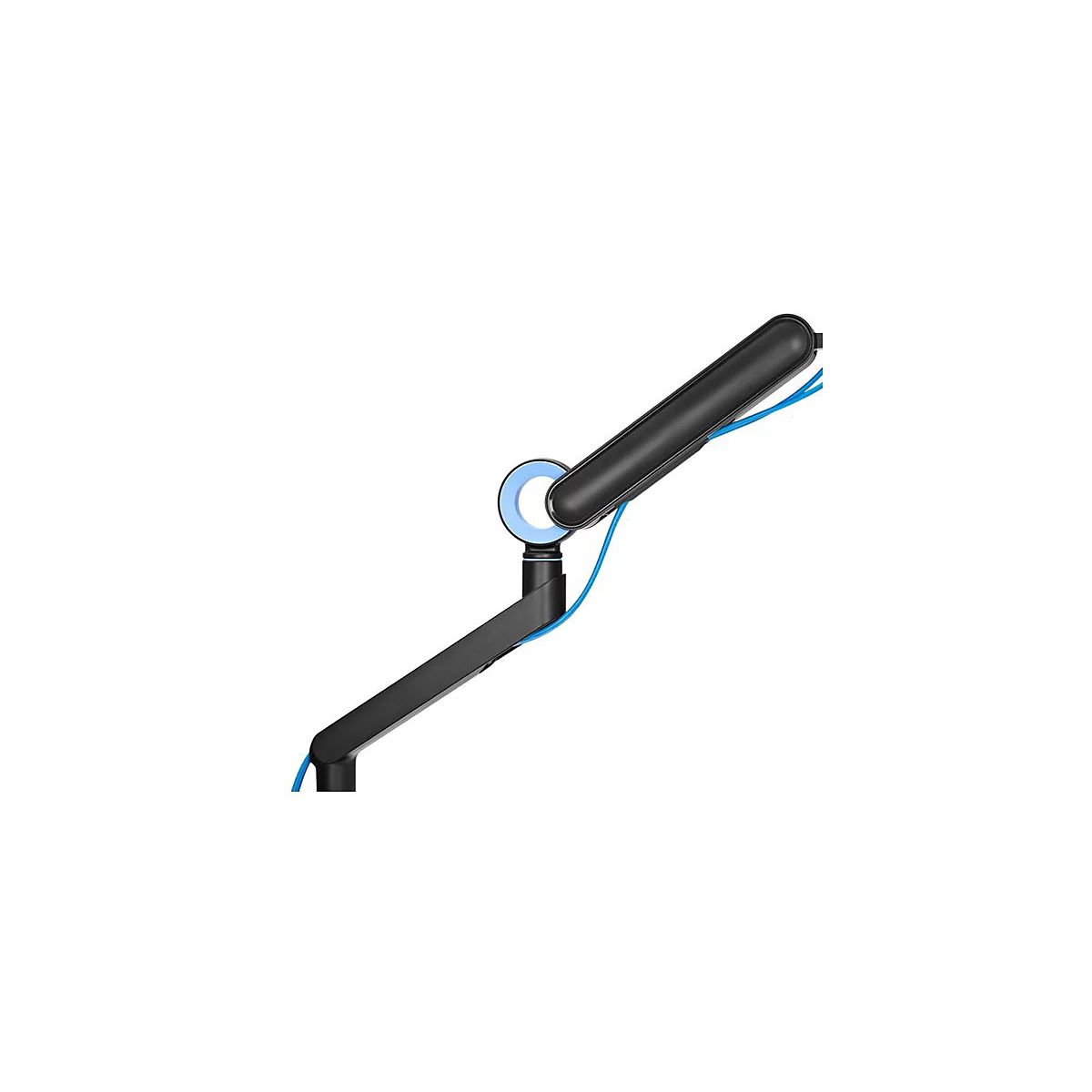 Schwarzer Monitorarm mit blauem Kabel. Blaue Akzente an runden Elementen. Auf weißem Hintergrund.