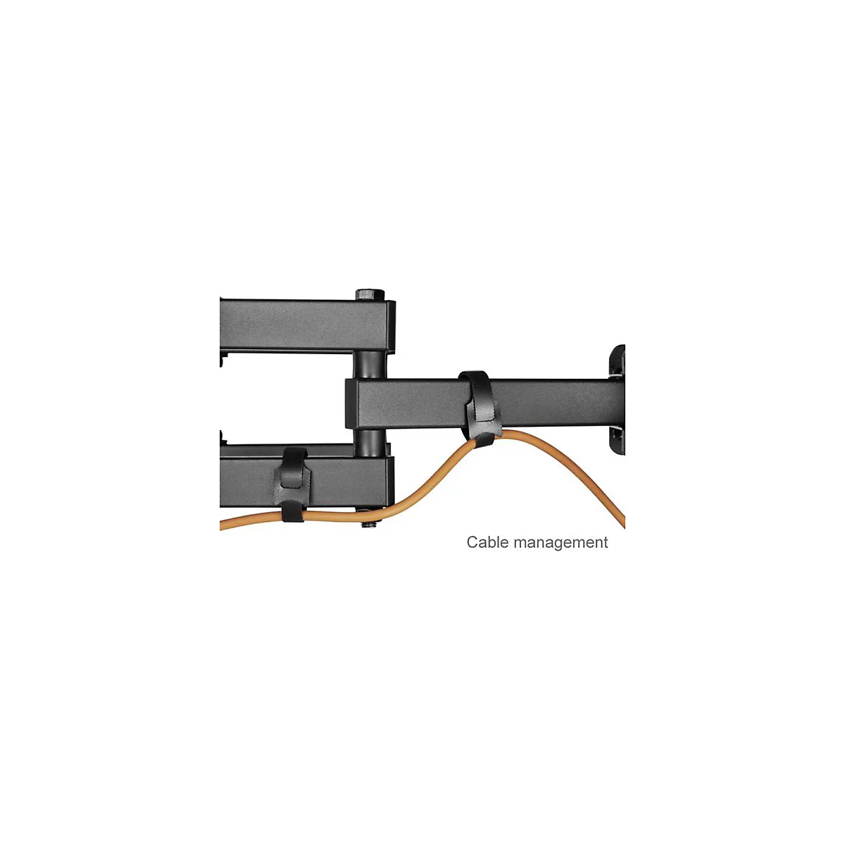 Nahaufnahme einer schwarzen TV-Halterung, mit Kabelmanagement. Ein braunes Kabel wird mit schwarzen Klettbändern fixiert. Text: Cable Management.