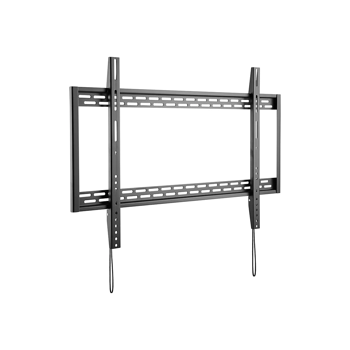 Schwarze TV-Halterung, rechteckiger Rahmen mit waagerechten Schlitzen. Halterung ist auf weißem Hintergrund.