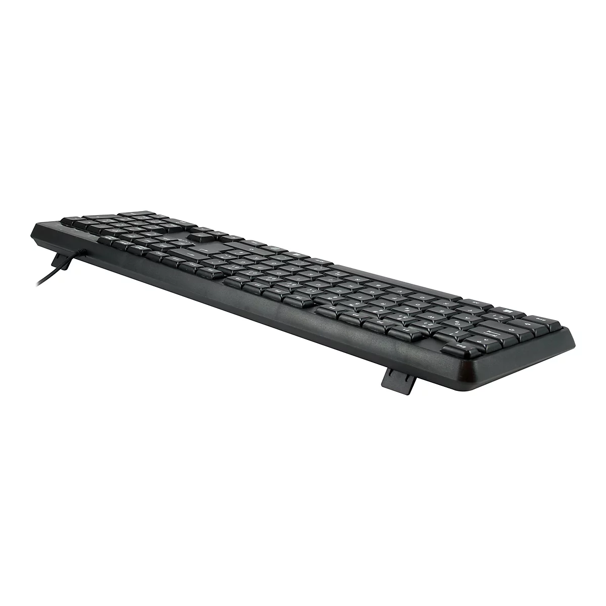 Schwarze Tastatur mit Kabel, in diagonaler Perspektive vor weißem Hintergrund.