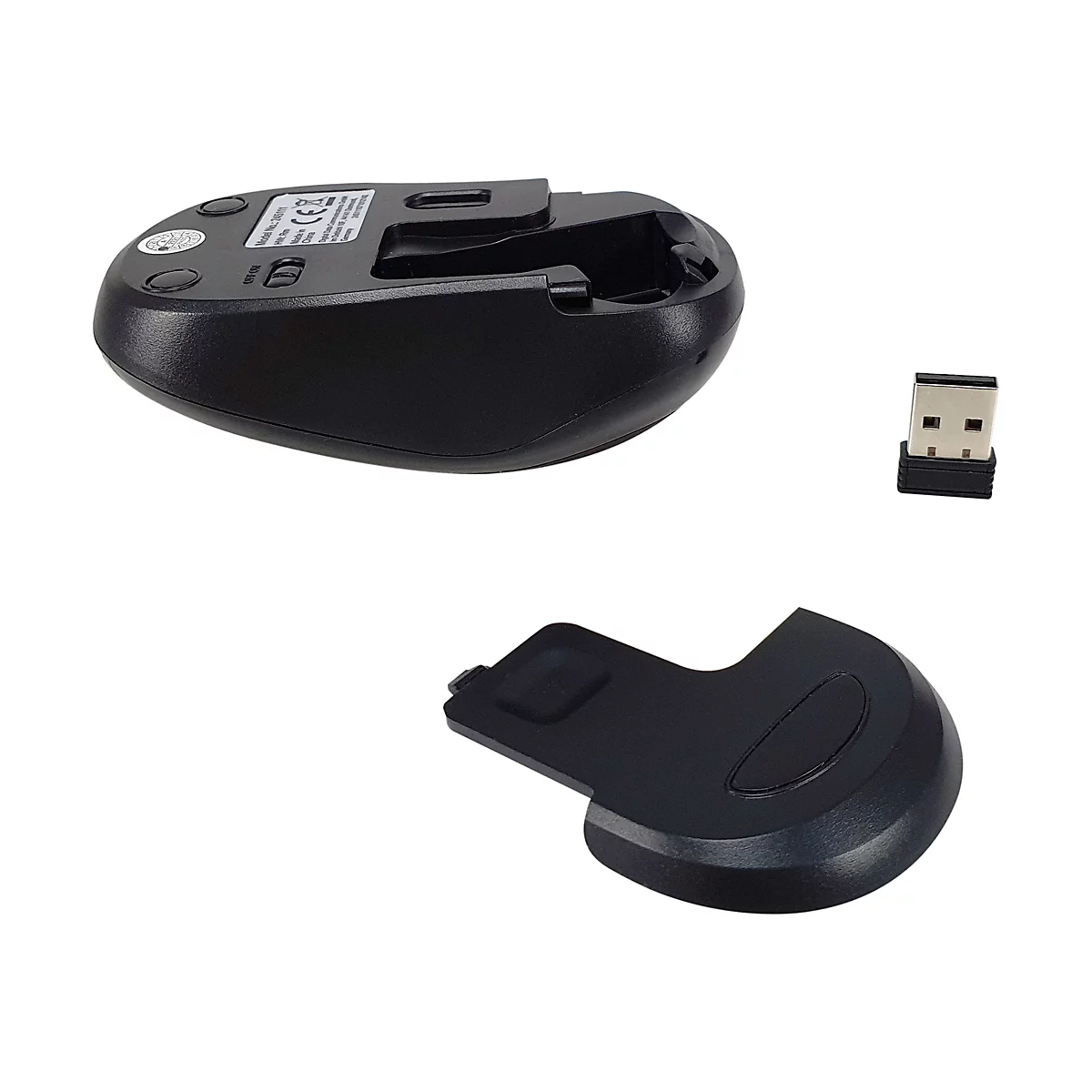 Schwarze kabellose Computermaus von unten mit offenem Batteriefach, separatem Deckel und USB-Empfänger.