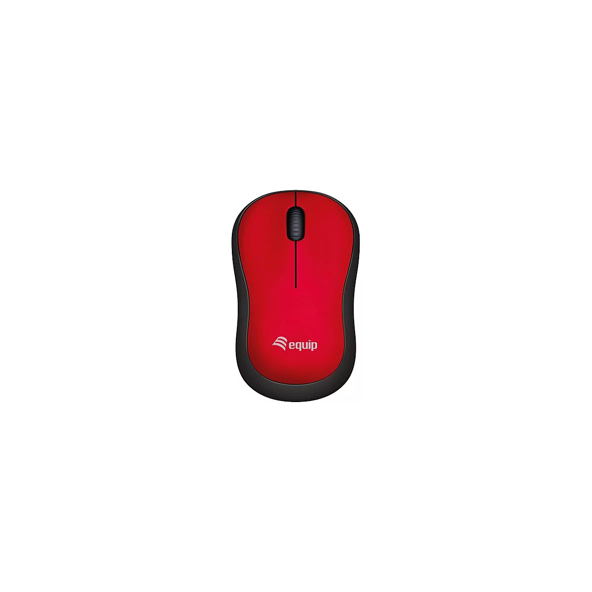 Rote, ergonomische Computermaus von equip mit schwarzem Mausrad vor weißem Hintergrund.