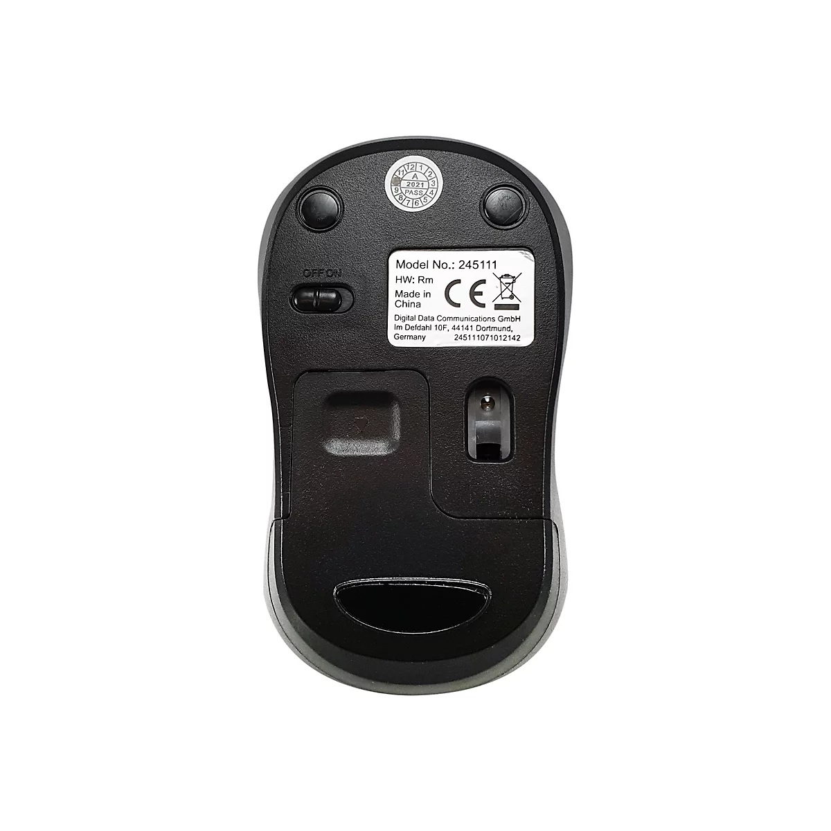 Unterseite einer schwarzen kabellosen Computermaus mit Sensor, An-Aus-Schalter und Produktetikett.