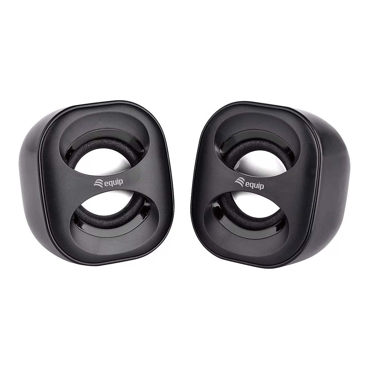 Zwei schwarze Computerrlautsprecher vor weißem Hintergrund. Jedes hat zwei Öffnungen, auf der Vorderseite steht „equip“.