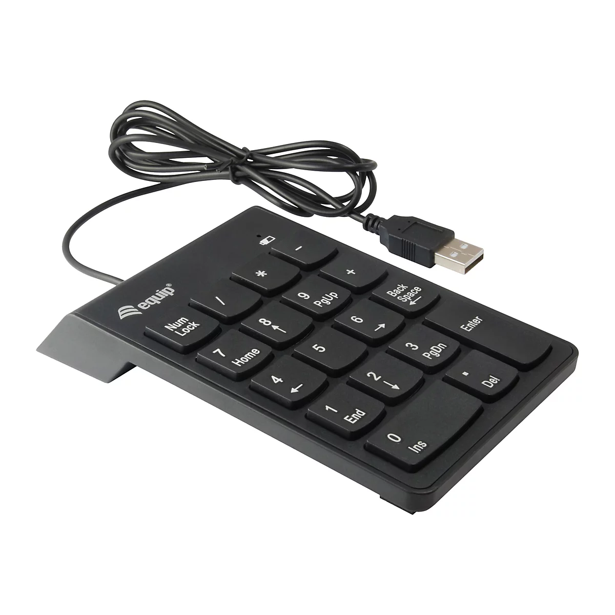 Schwarzer Nummernblock mit USB-Anschluss. Auf den Tasten sind Zahlen, Pfeile und Funktionen wie 'Enter' und 'Back Space' beschriftet. Das Kabel ist schwarz.