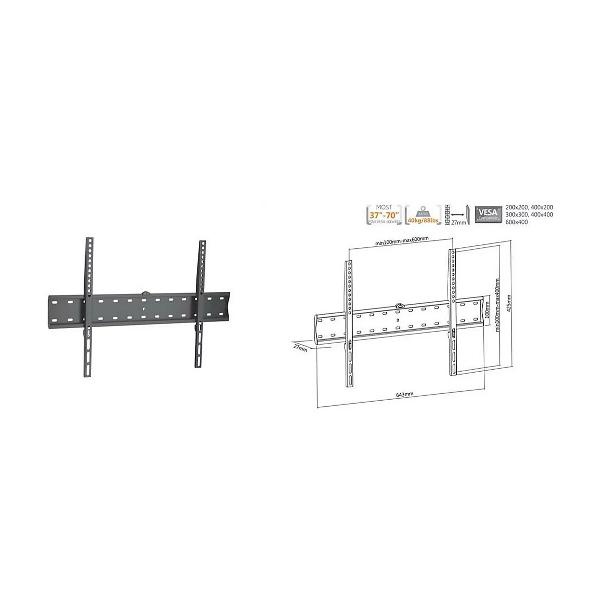Equip Pro Fixed TV Wall Mount Bracket - Klammer - für Flachbildschirm - pulverbeschichtet schwarz