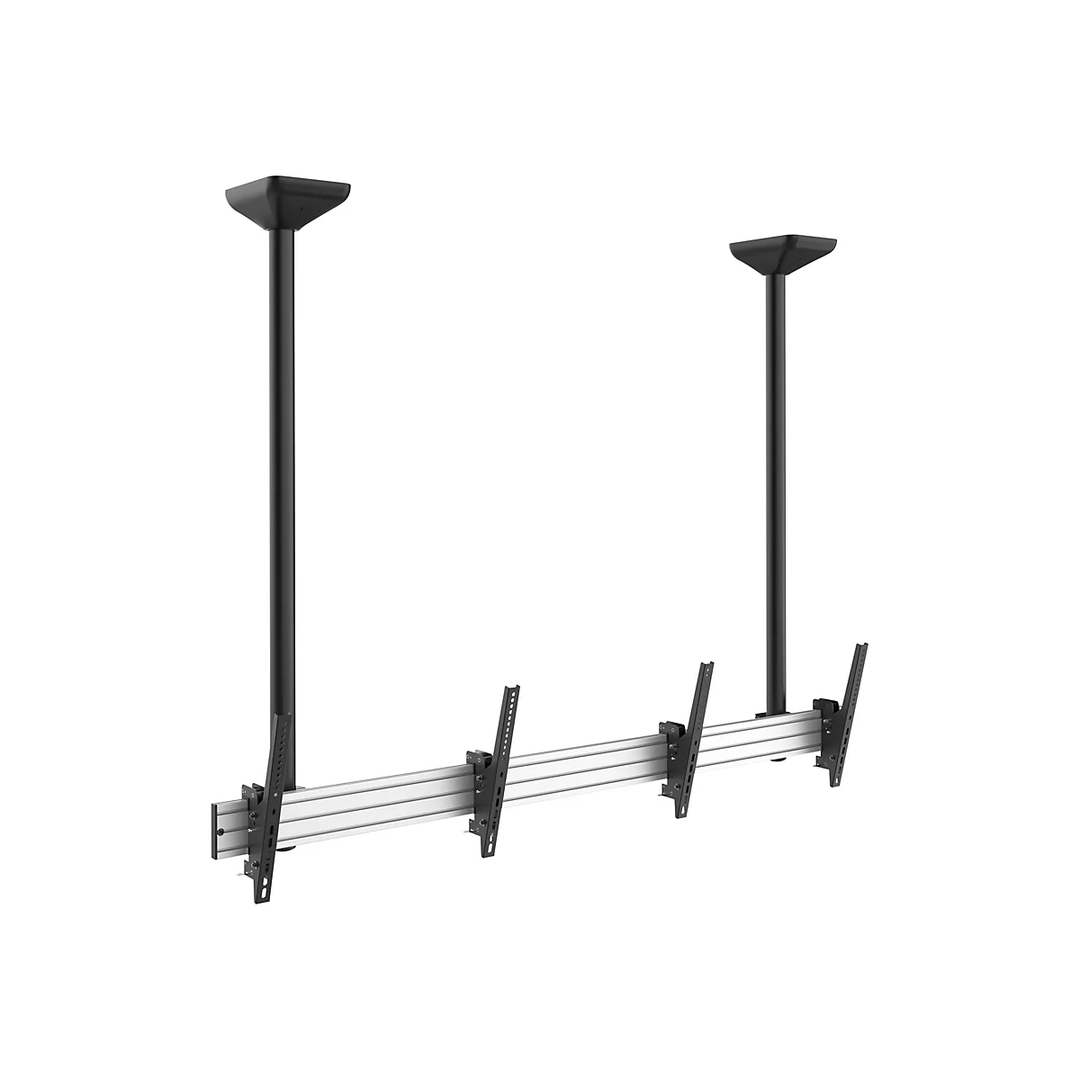 Deckenhalterung für mehrere Monitore, aus schwarzem Metall und Aluminium, mit Montagematerial.