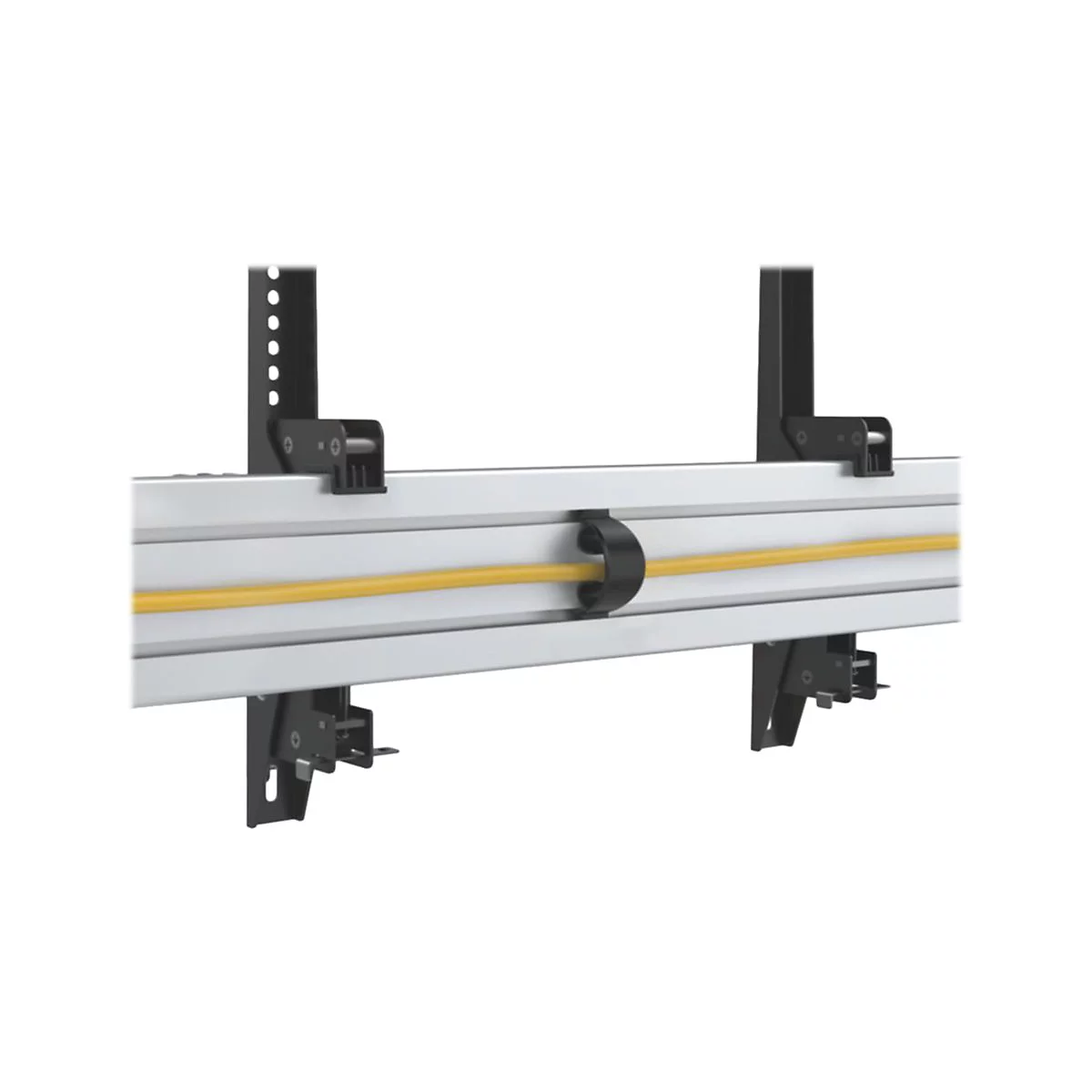 Detailaufnahme einer Halterung zur Kabelorganisation, die eine gelbe Leitung hält.