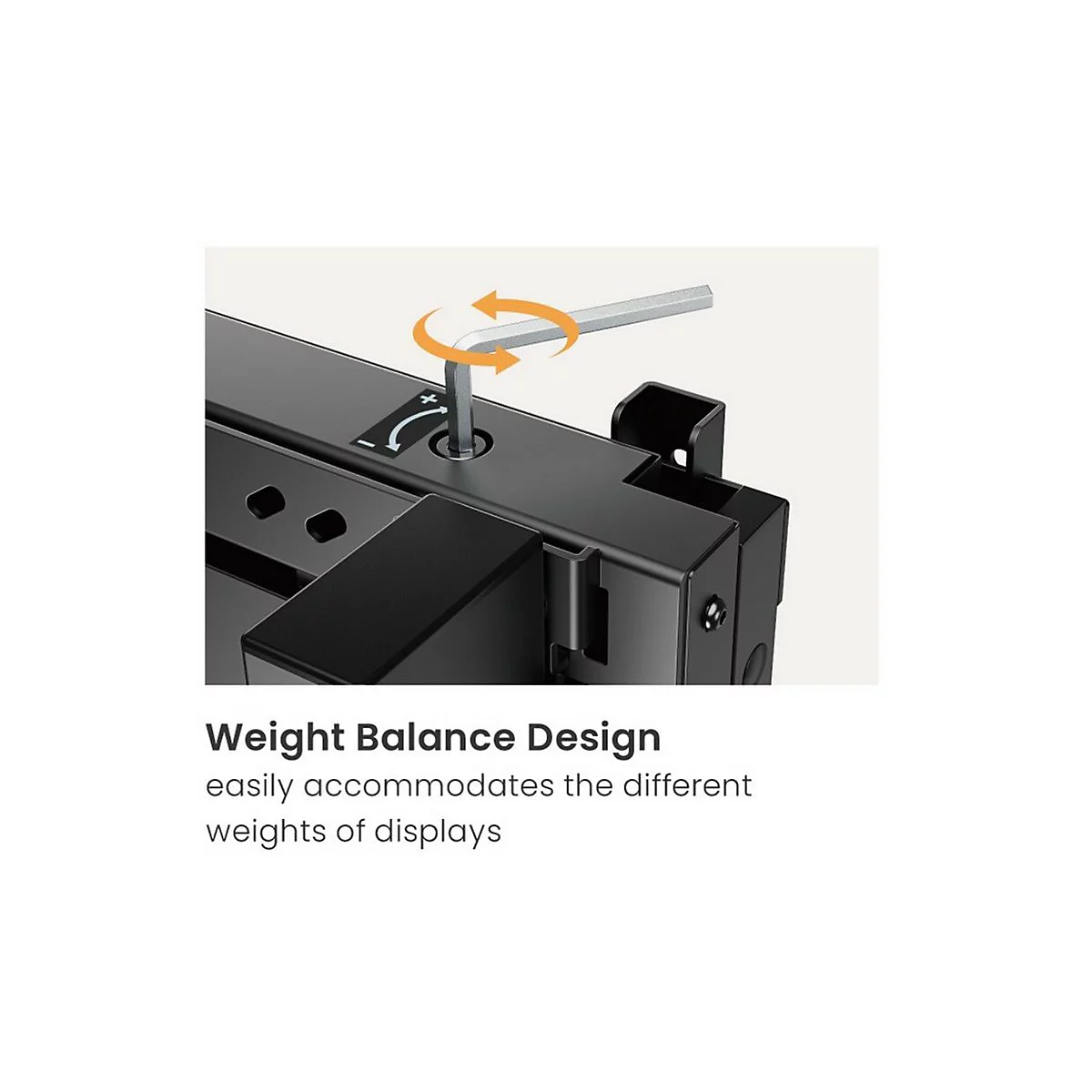 Detailaufnahme einer Halterung. Ein Inbusschlüssel wird in eine Schraube gesteckt. Der Text lautet: Gewichtsausgleich Design.