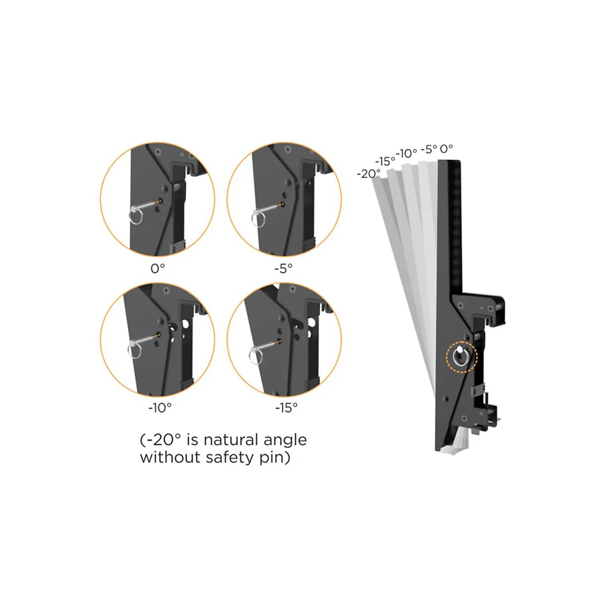 Schwarzgraues Metallteil mit verschiedenen Winkeln dargestellt. Kreise zeigen Details, die Winkel sind beschriftet.