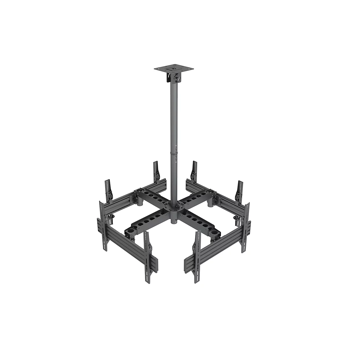 Deckenhalterung für Bildschirme, aus Metall, mit quadratischer Halterung und vier Auslegern.