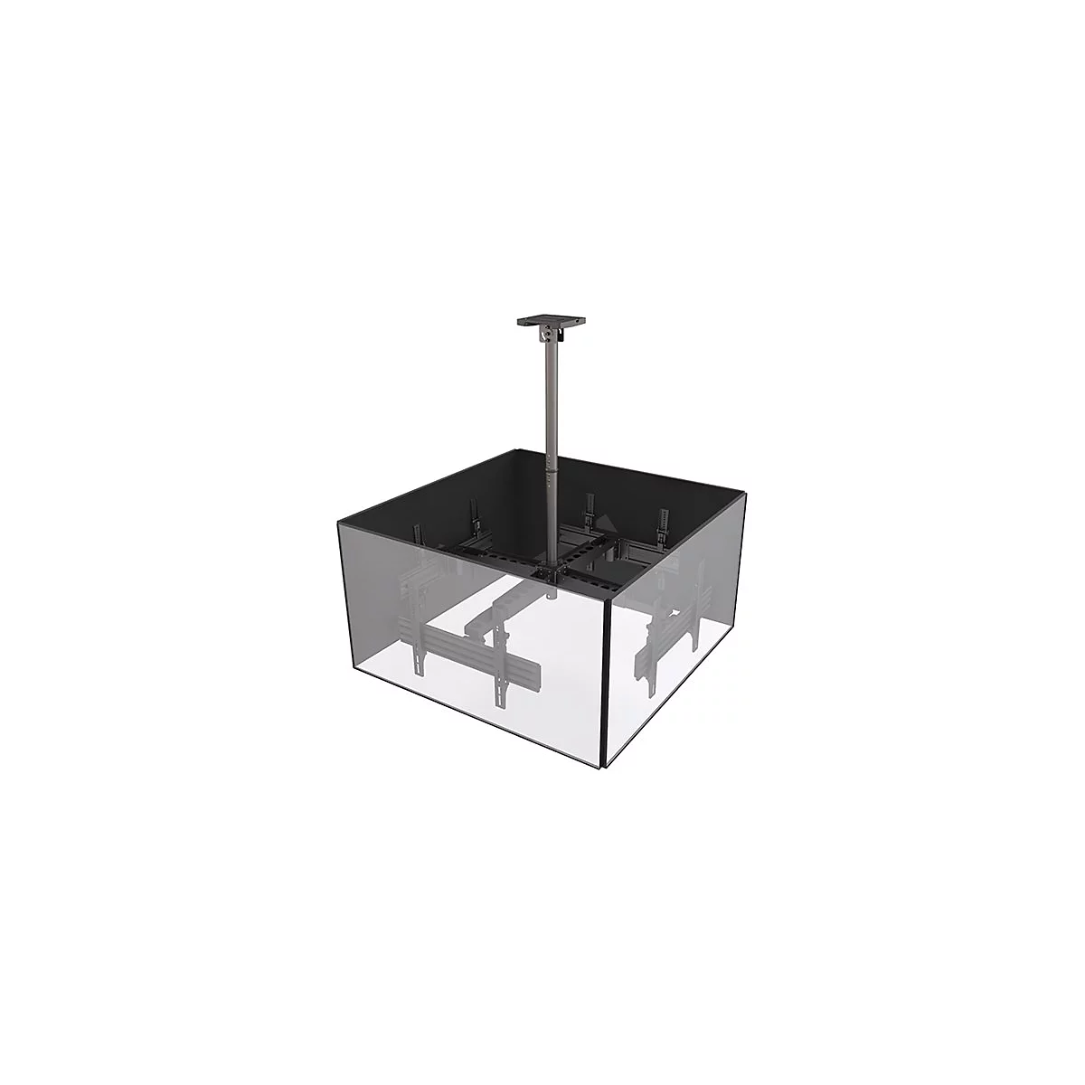 Deckenhalterung mit transparentem Gehäuse. Aufhängung mit Montageplatte und Tragsäule, Innenseite mit Halterungen für Geräte.