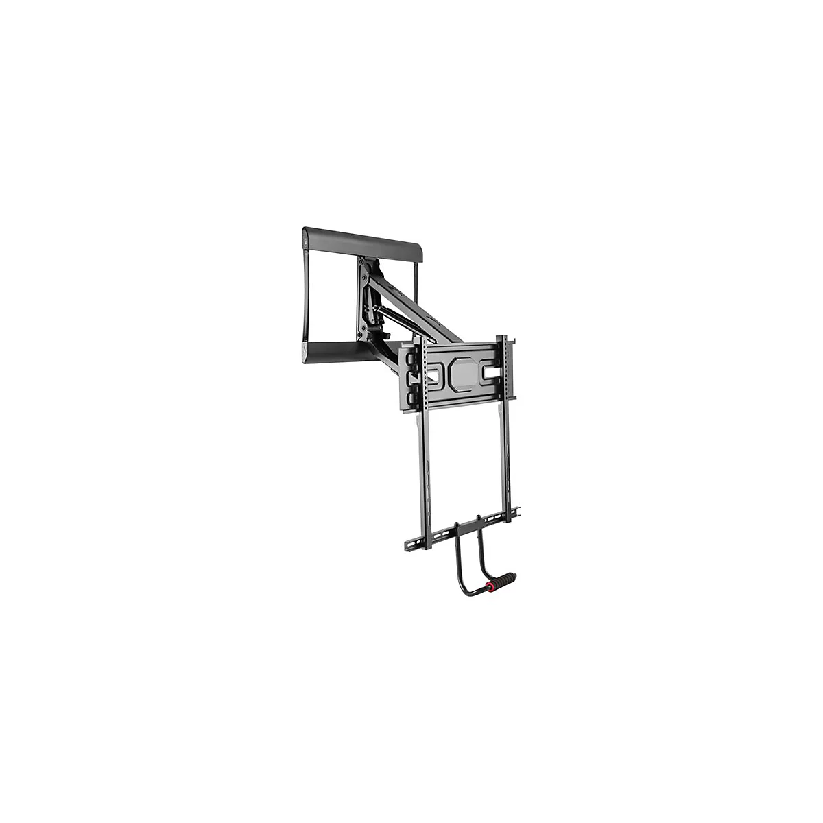 Schwarze TV-Wandhalterung, ausgeklappt, Details der Mechanismen erkennbar. An der Halterung ist ein Griff befestigt.