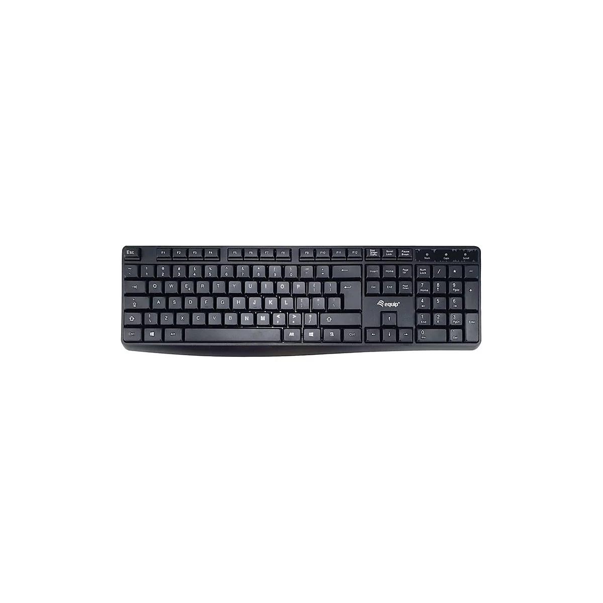 Schwarze Computertastatur mit QWERTZ-Layout und Equip-Logo auf weißem Hintergrund.