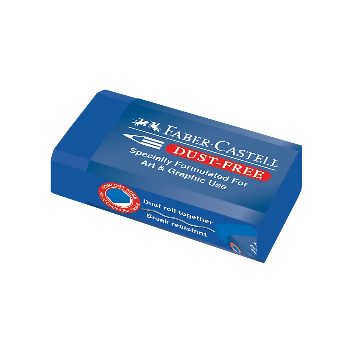 Blue Faber-Castell eraser, labeled 'DUST-FREE'. Inscription: 'Specially Formulated For Art & Graphic Use'.