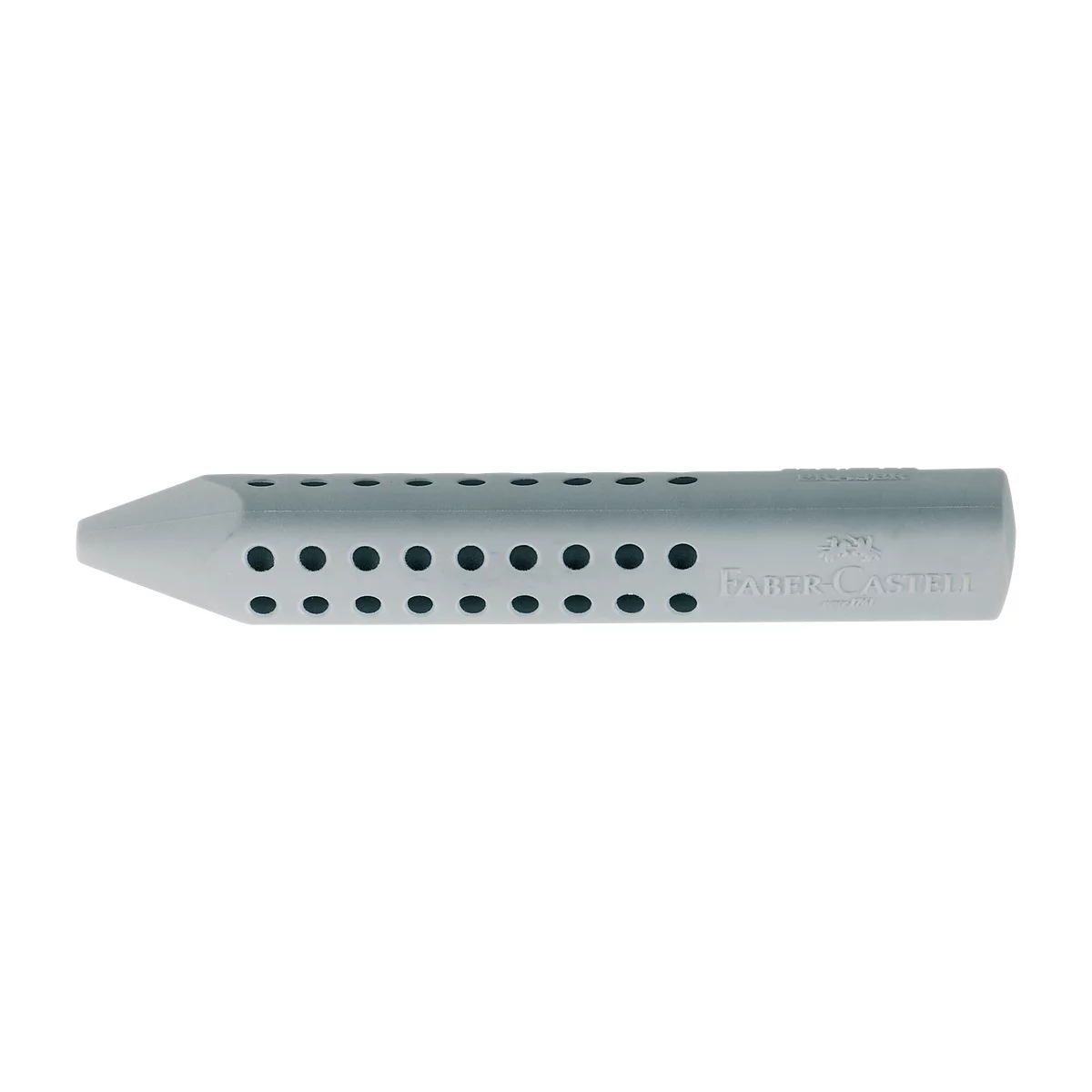 Grey pencil sharpener with holes and Fabr-Castell lettering.