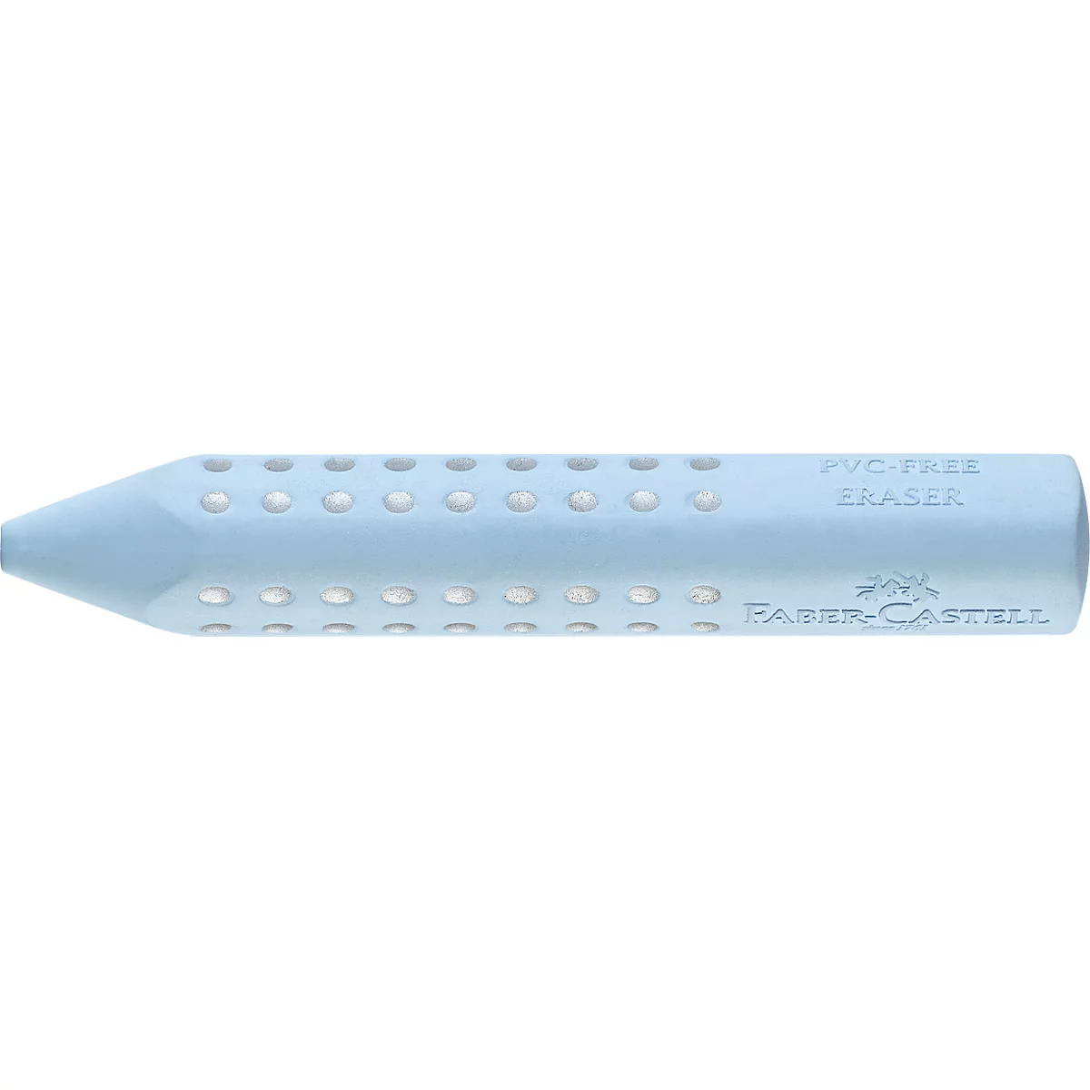 Light blue eraser with holes and a pointed tip. Printed text: PVC-FREE ERASER, Faber-Castell.