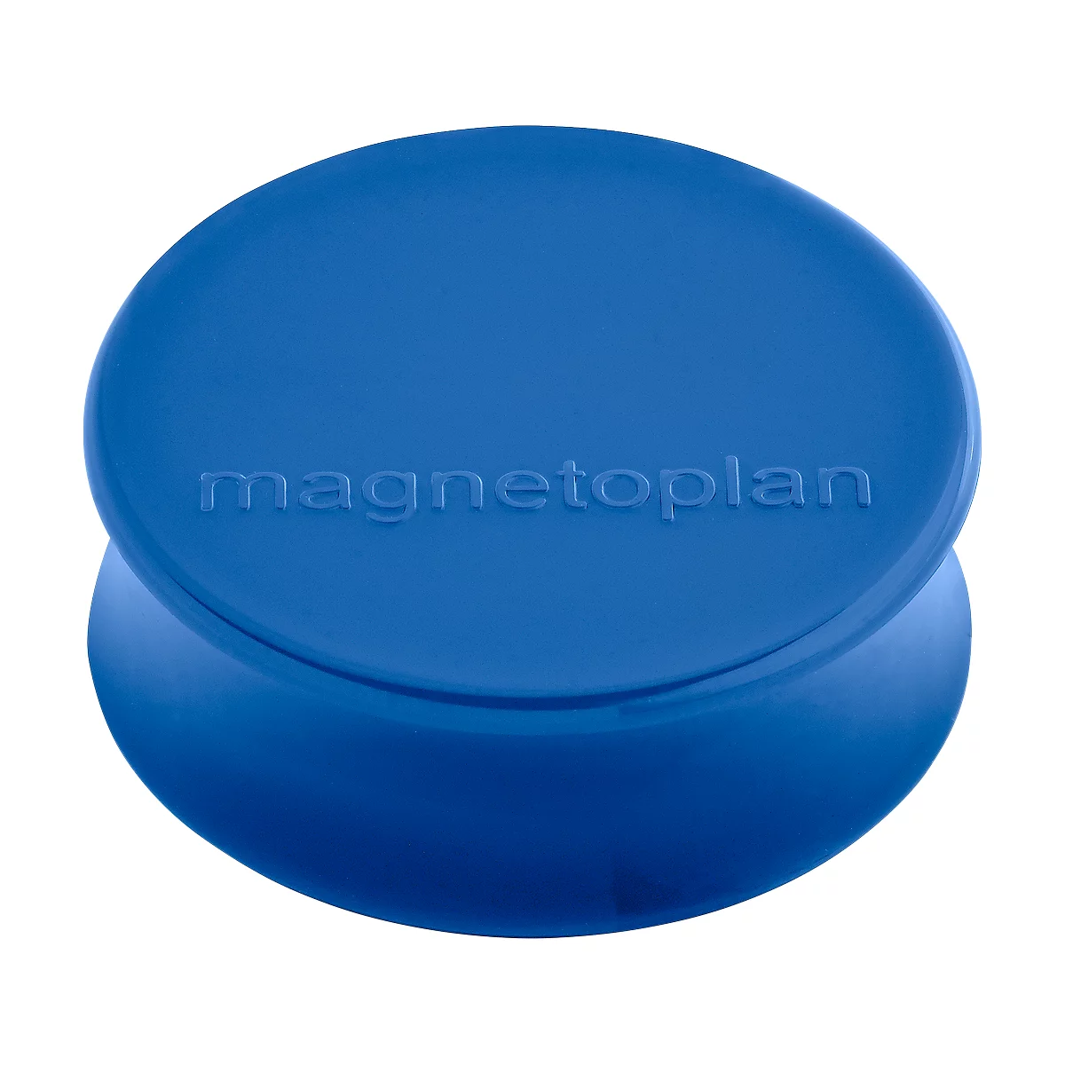 Blauw, rond magnetisch object, met de inscriptie "magnetoplan".