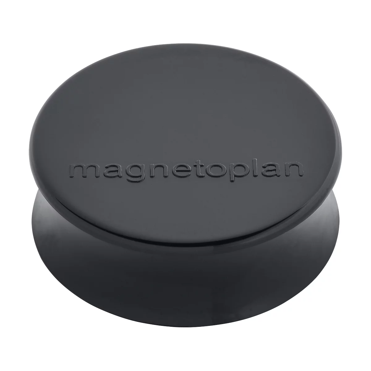 Donkergrijze ronde magneet van Magnetoplan met reliëflettering.