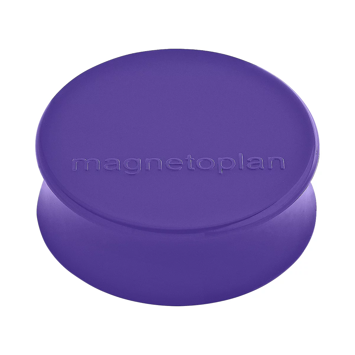 Een paarse magneet van Magnetoplan, rond en licht gebogen.