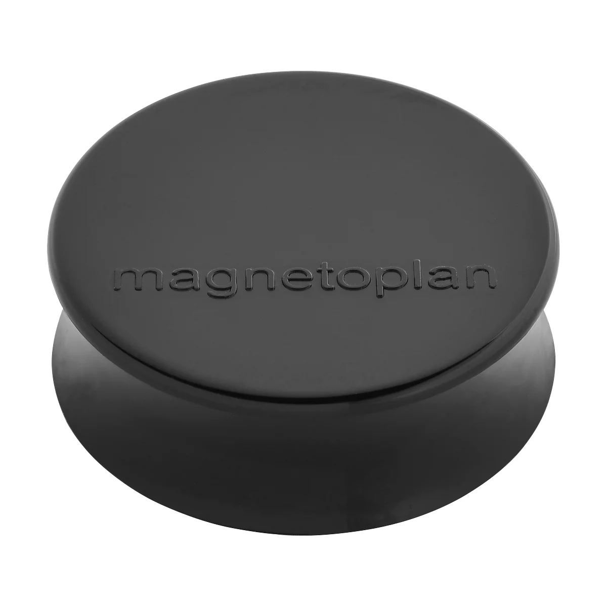 Zwarte, ronde magneet van Magnetoplan. De letters zijn in reliëf.