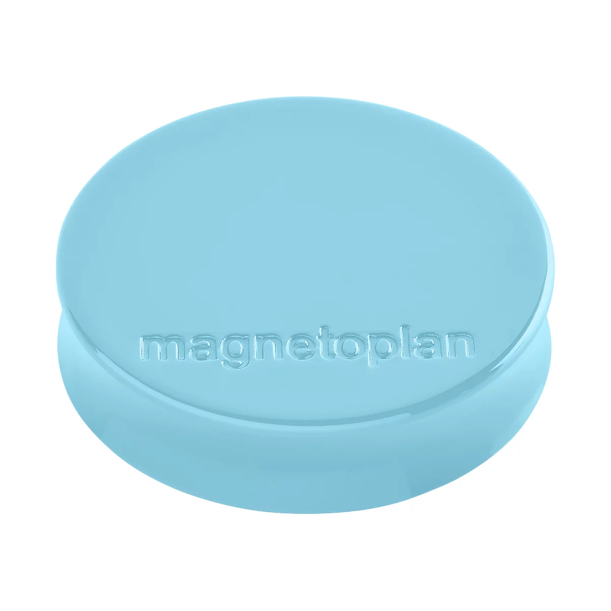 Lichtblauwe ronde magneet met het woord 'magnetoplan'.