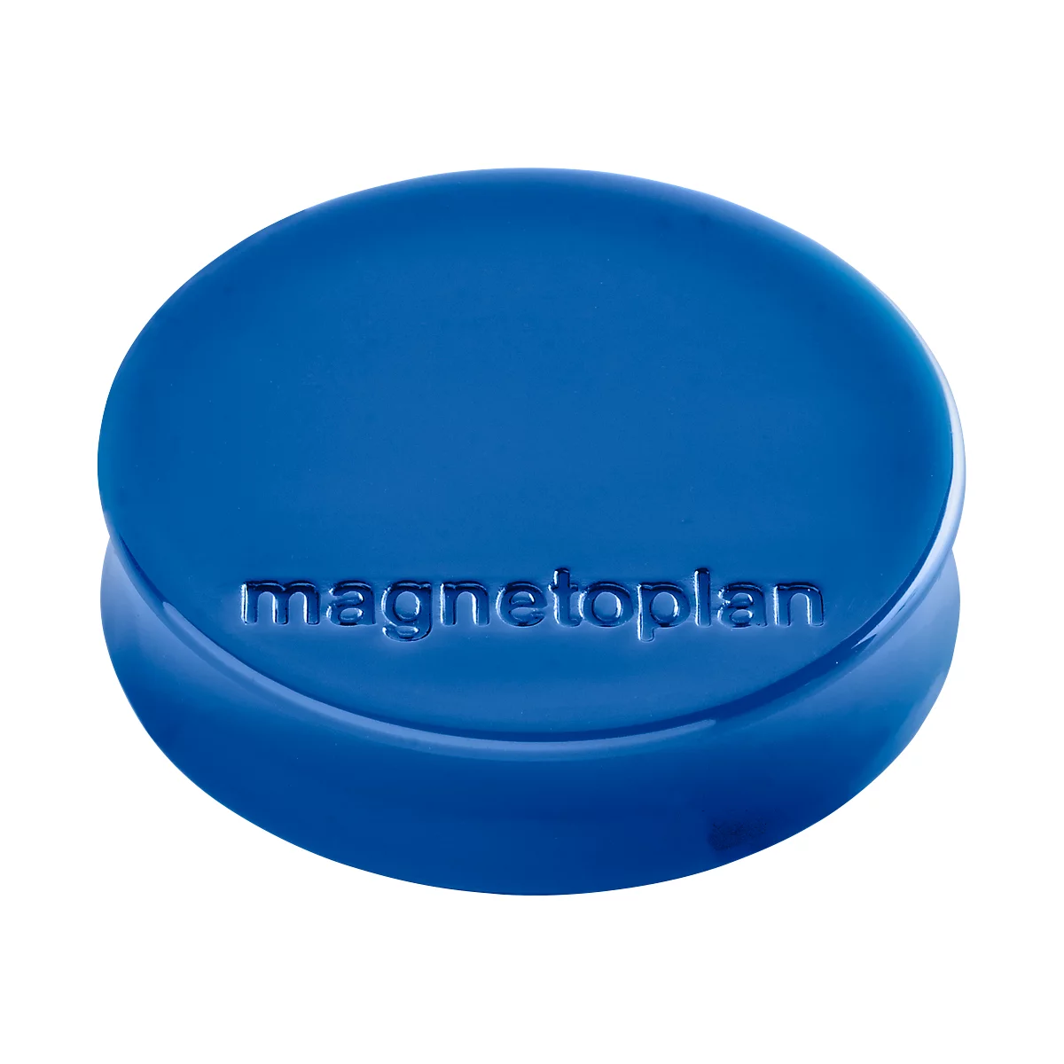 Blauwe, ovale magneet met verhoogde letters 'magnetoplan'.