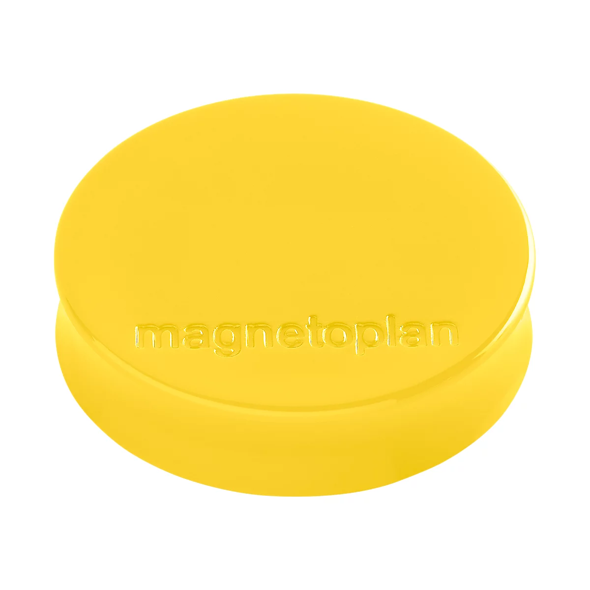 Gele ronde magneet. De gravure "magnetoplan" is zichtbaar.