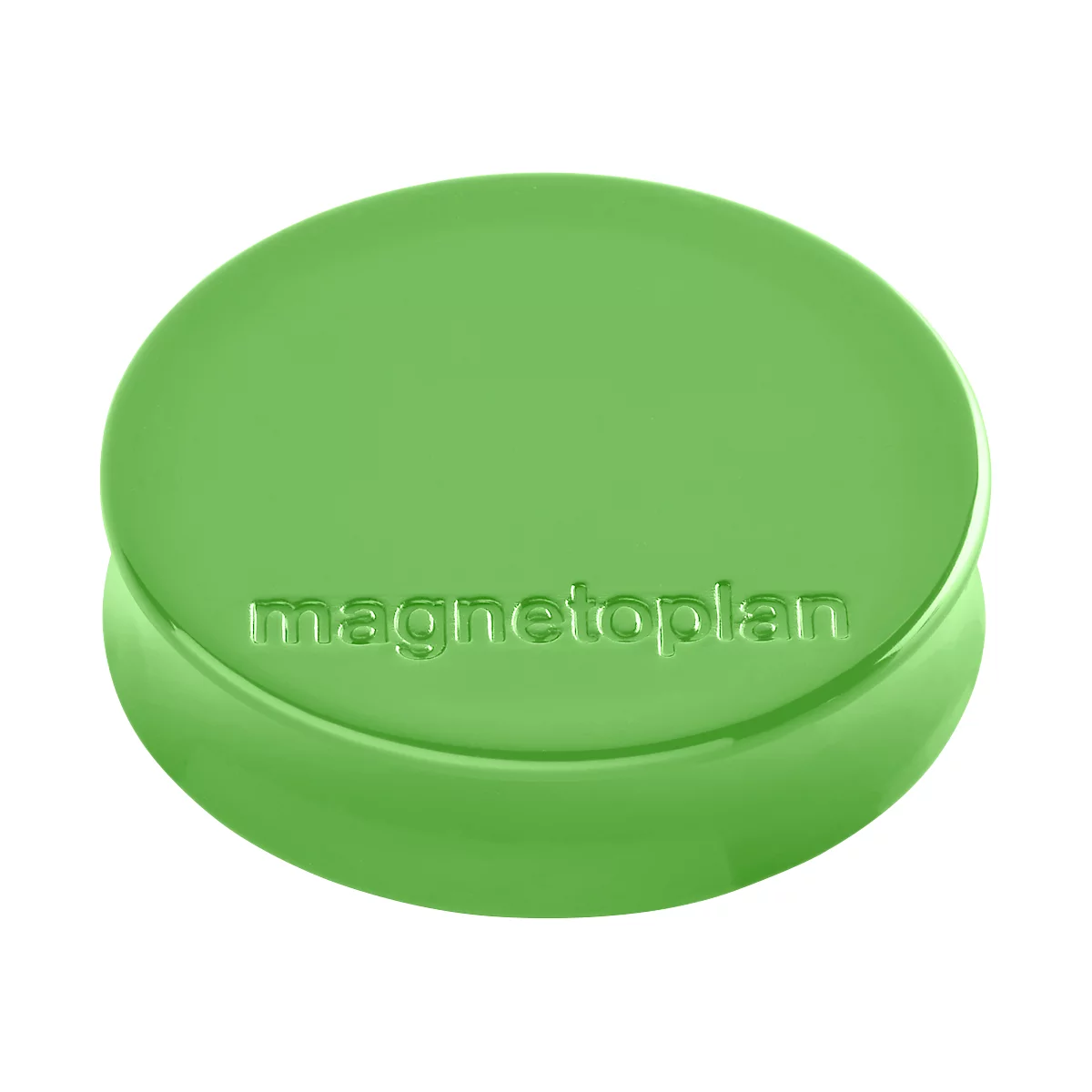 Ronde, lichtgroene magneet met ingebosseleerde "magnetoplan" letters.