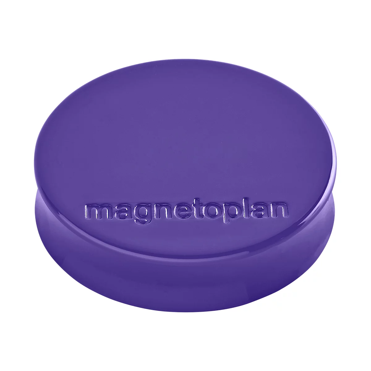 Een paars, rond object met het woord 'magnetoplan' in het midden. Het object heeft een licht gebogen vorm.